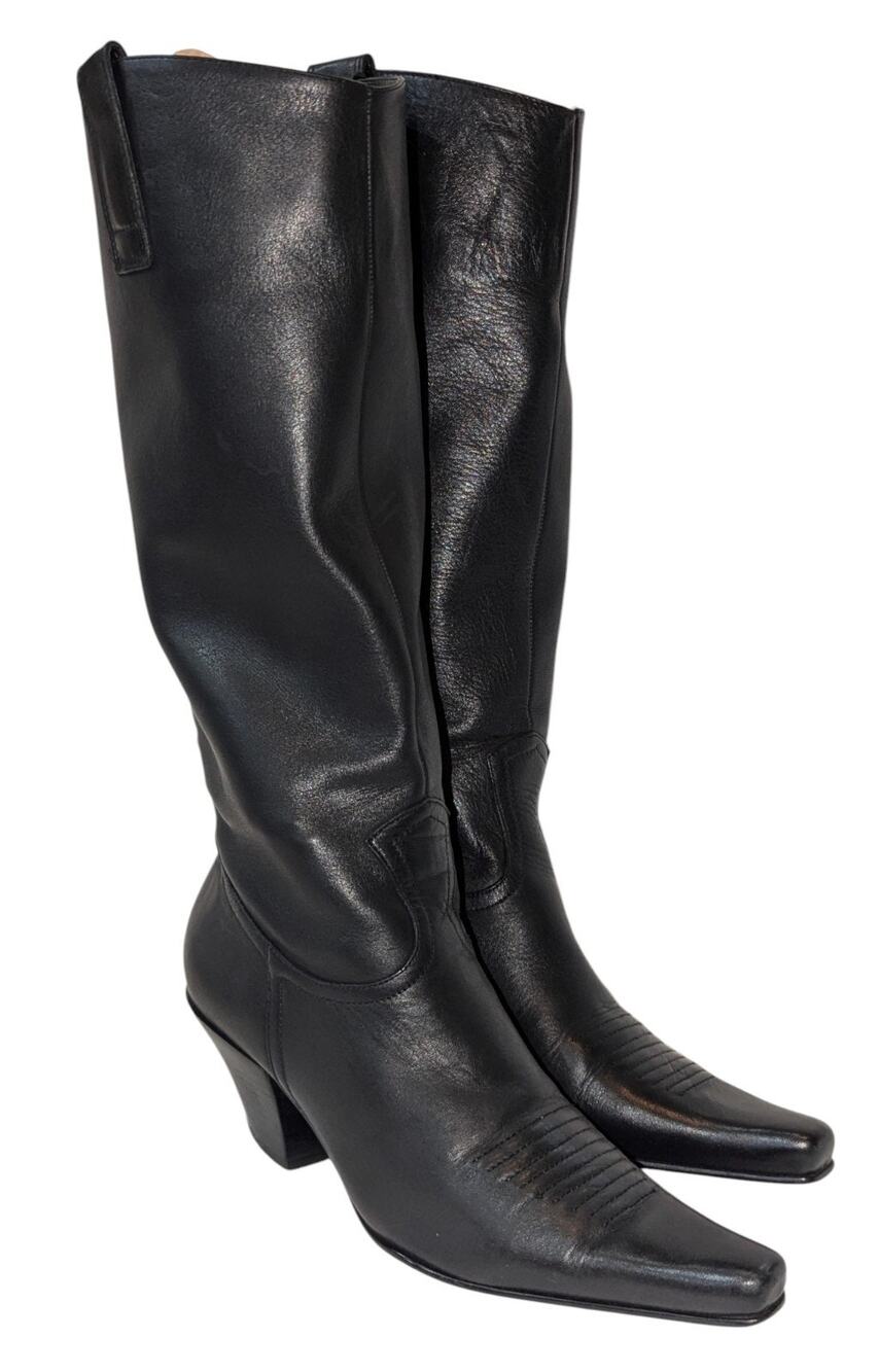 Very RARE Vintage 90s Y2K Nine West Keelin Black Leather Knee High Western Boots